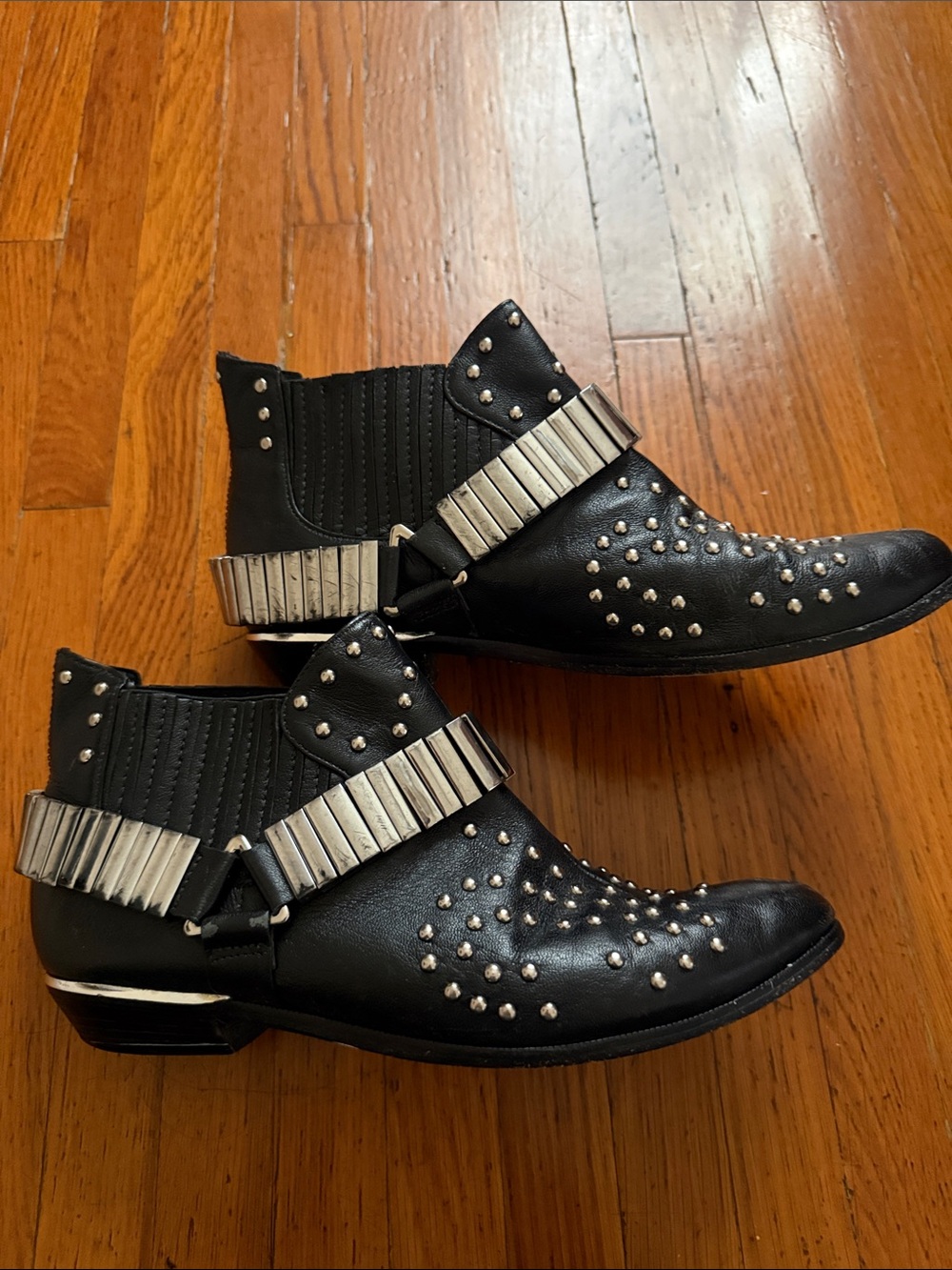 Gorgeous Schultz leather Studded Black Women's Ankle Boots with Silver Accents